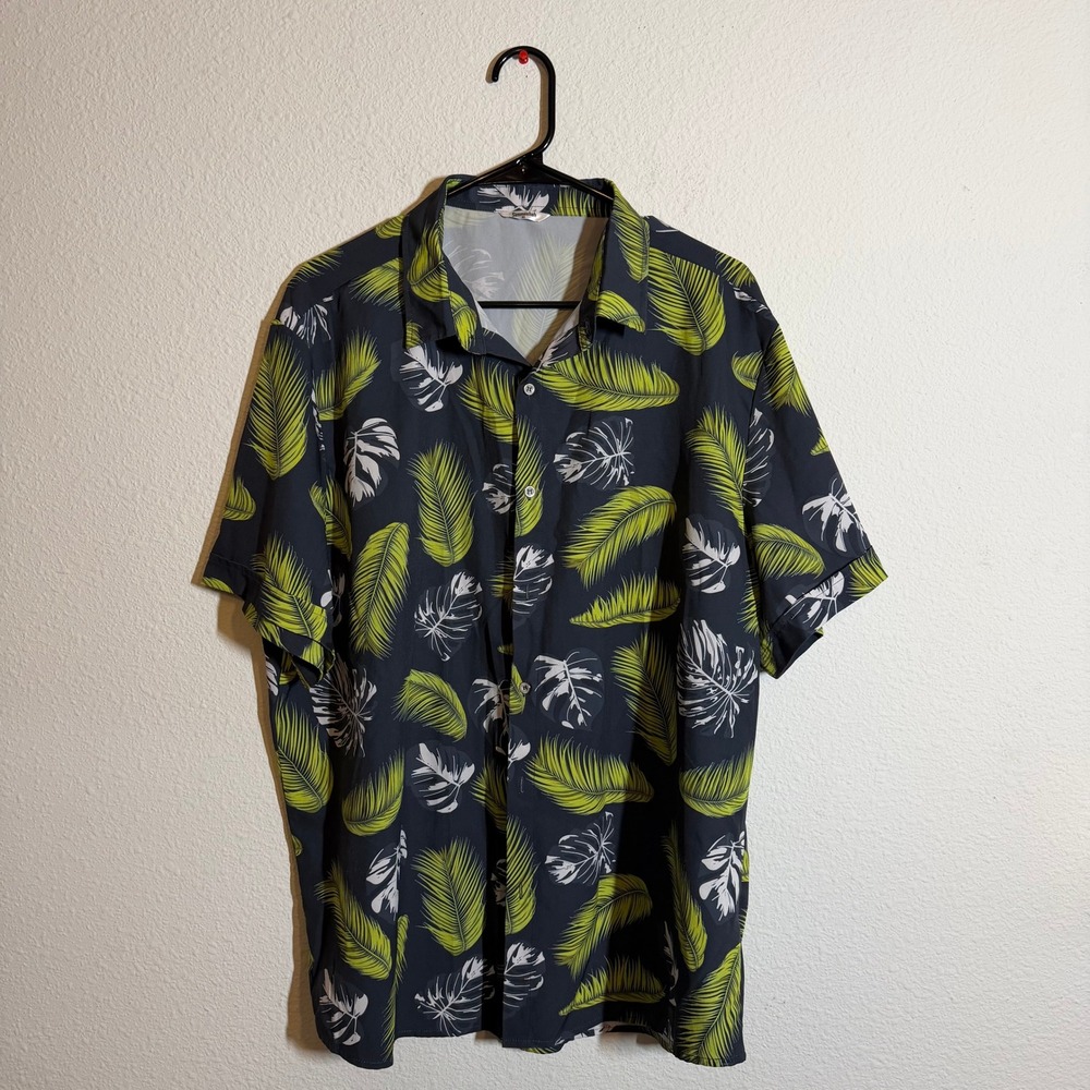 Simmashah Mens XL Tropical Palm Leaf Monstera Print Short Sleeve Button Up Shirt